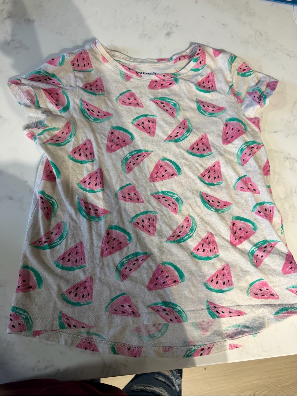 Old Navy White Short Sleeve Tee with Pink & Green Watermelon Print